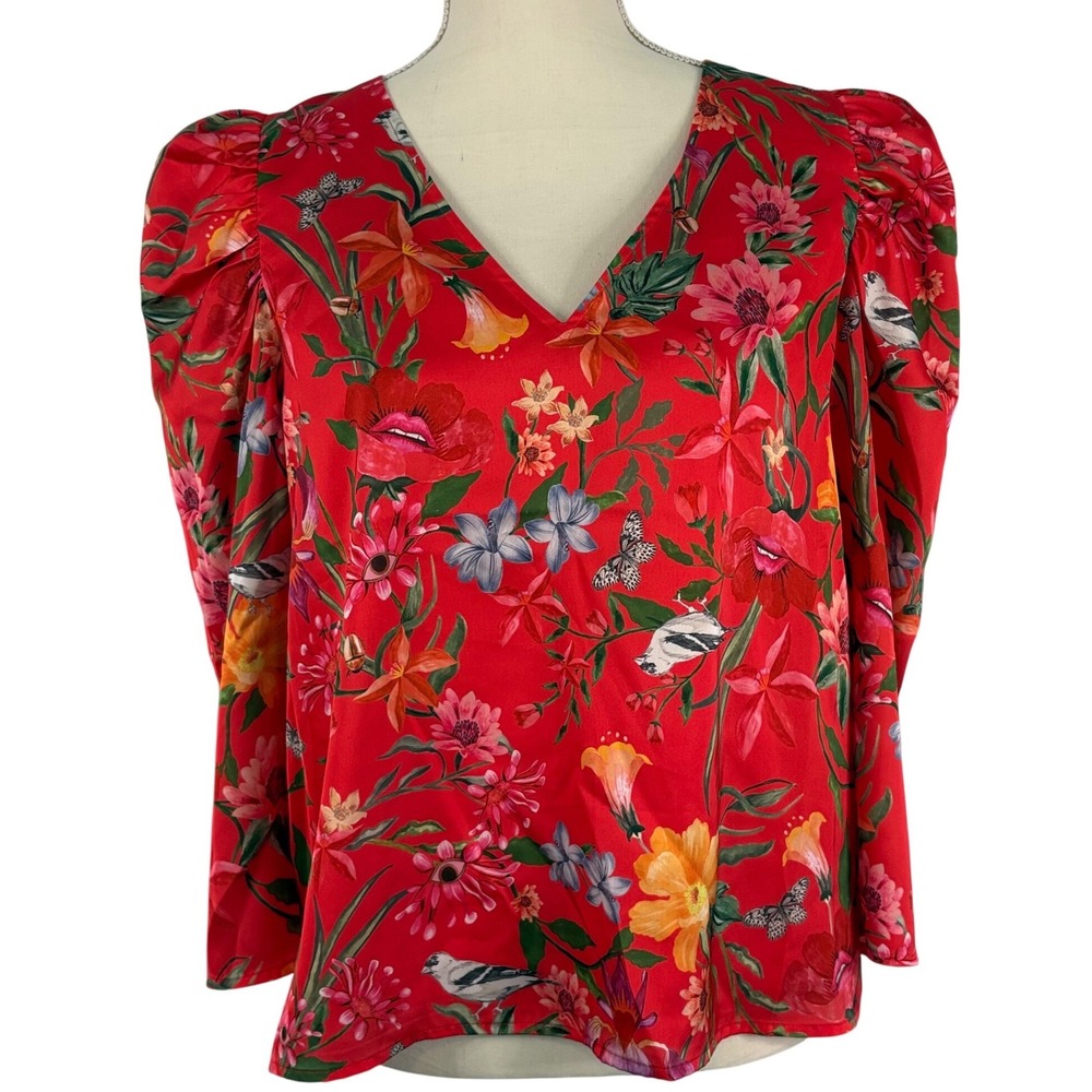 Alden Adair‎ Red Floral Puff Sleeve V-Neck Blouse Bird Butterfly Print Large NWT